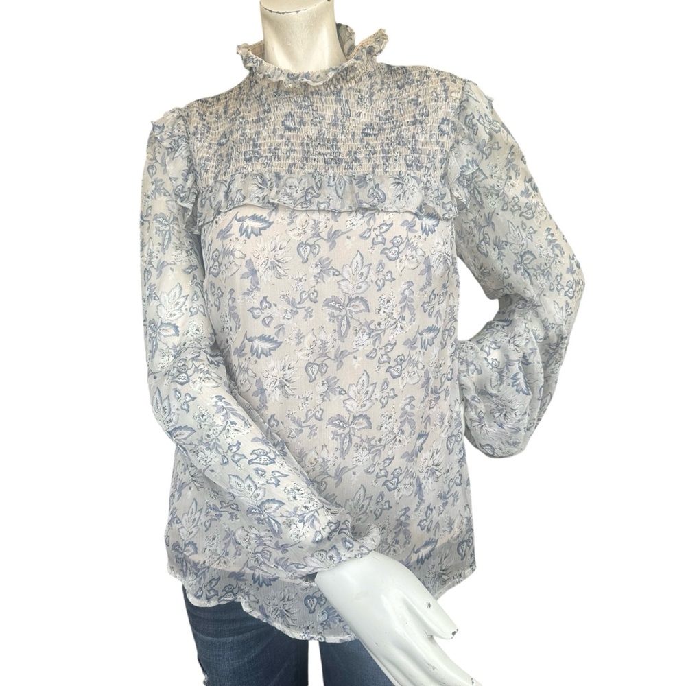 Anthropologie En Saison Beige & Blue Floral High Neck Smocked Blouse Size Medium